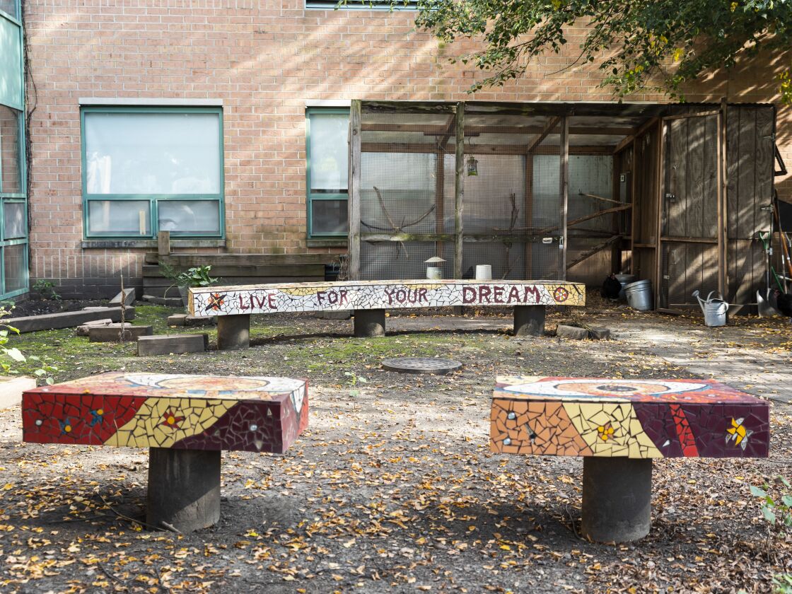 Art pieces outside McAuliffe Elementary School, 1841 N. Springfield Ave.